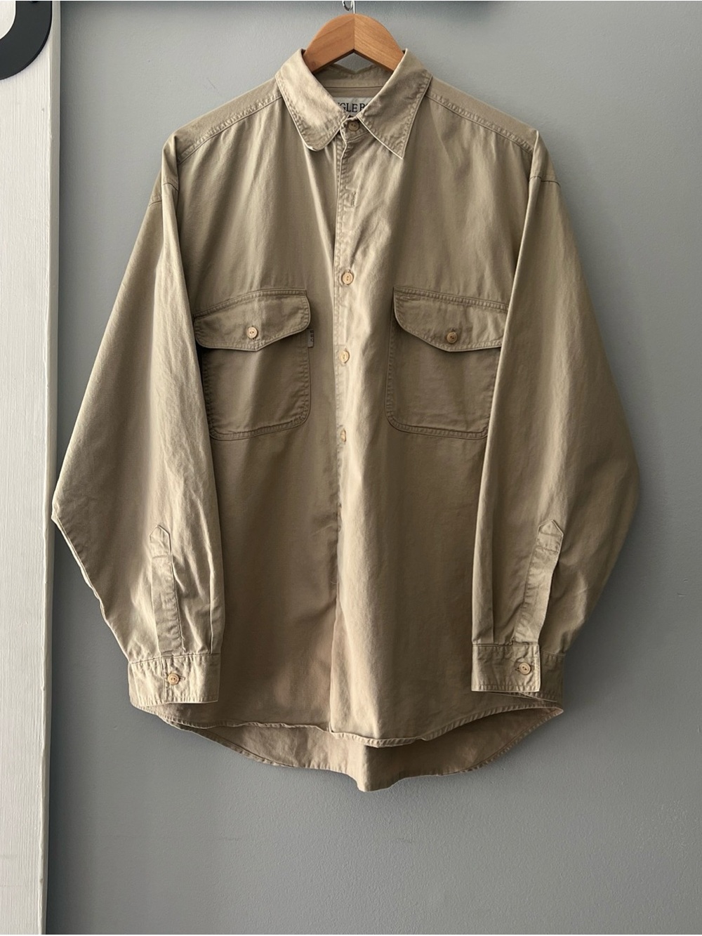 Vintage 90s Y2K Bugle Boy Men's Utility Style Long Sleeve Shirt in Khaki